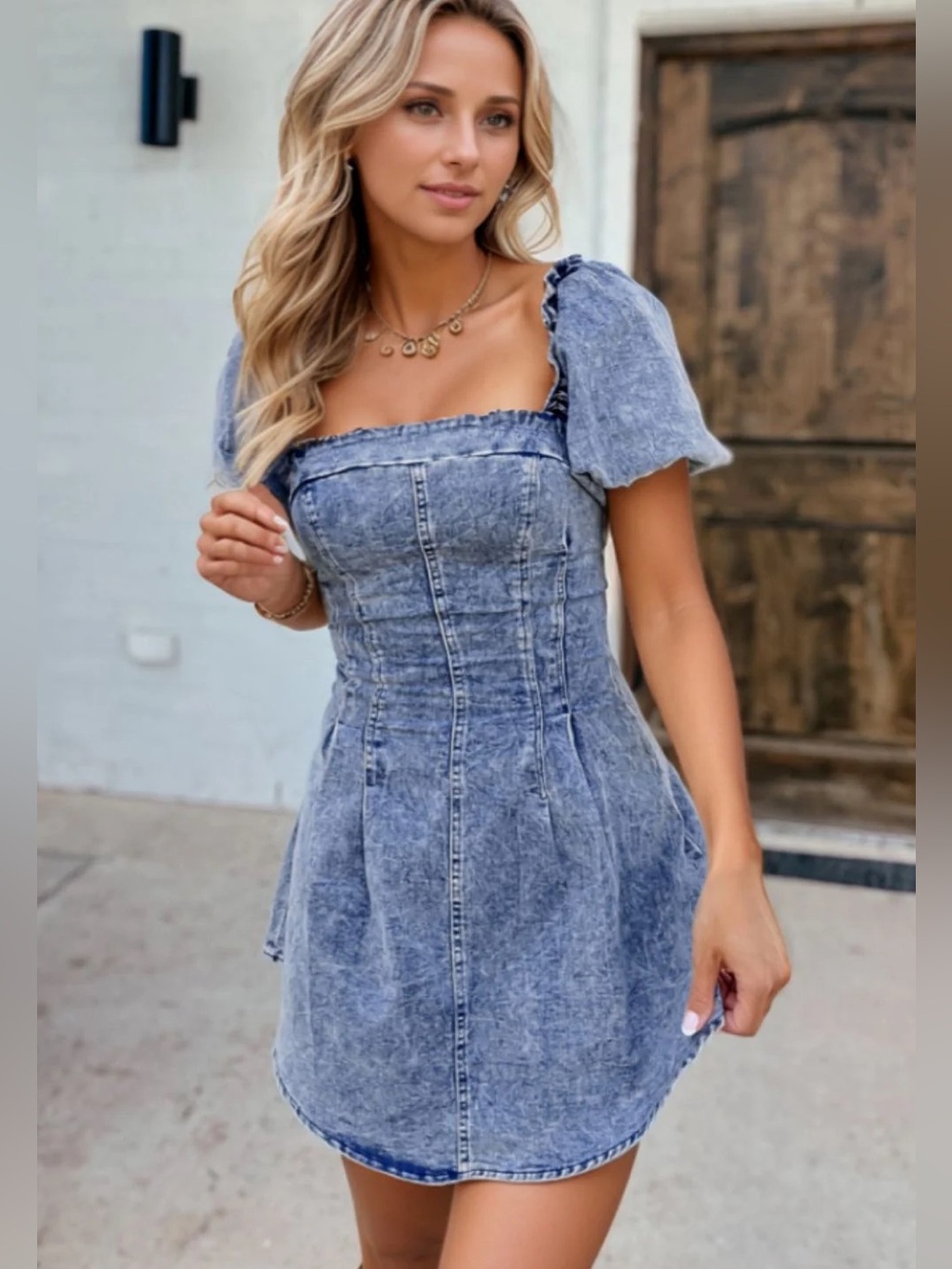 NWT: HAZEL BLUES® | TIE BACK SQUARE NECK PUFF SLEEVE DENIM DRESS